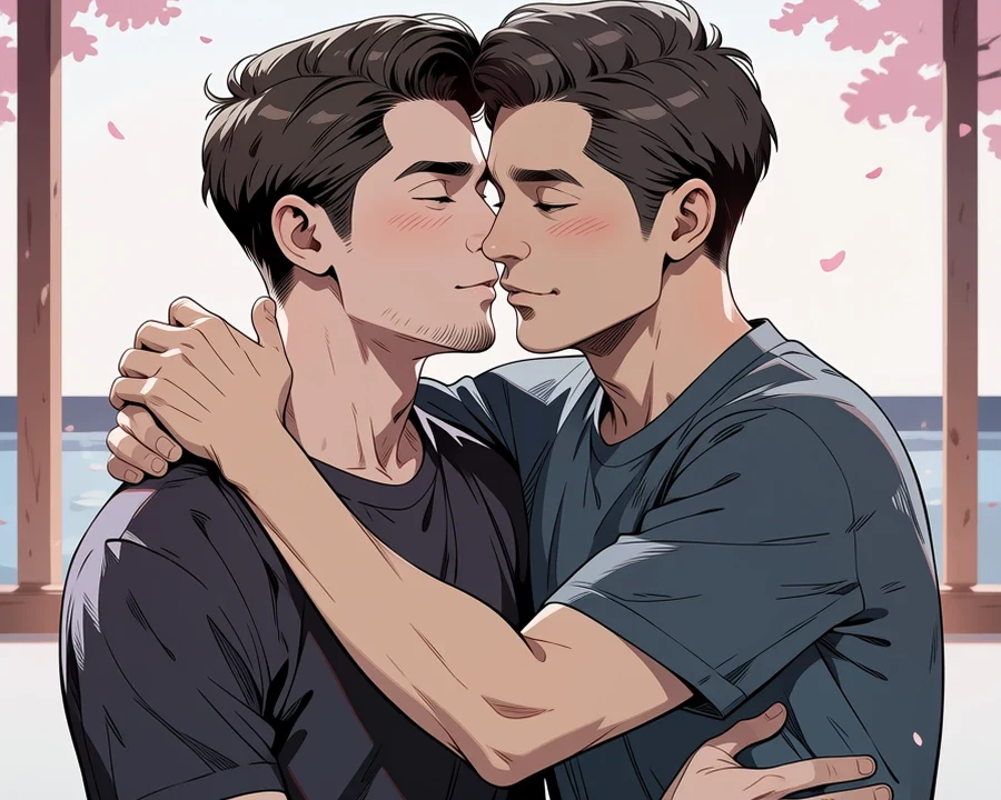 Two adult anime characters composed as a couple with a clear eyeline